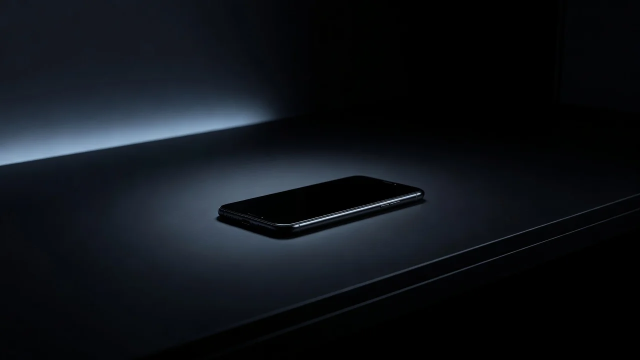 Smartphone sobre mesa escura exibindo tela apagada em ambiente noturno