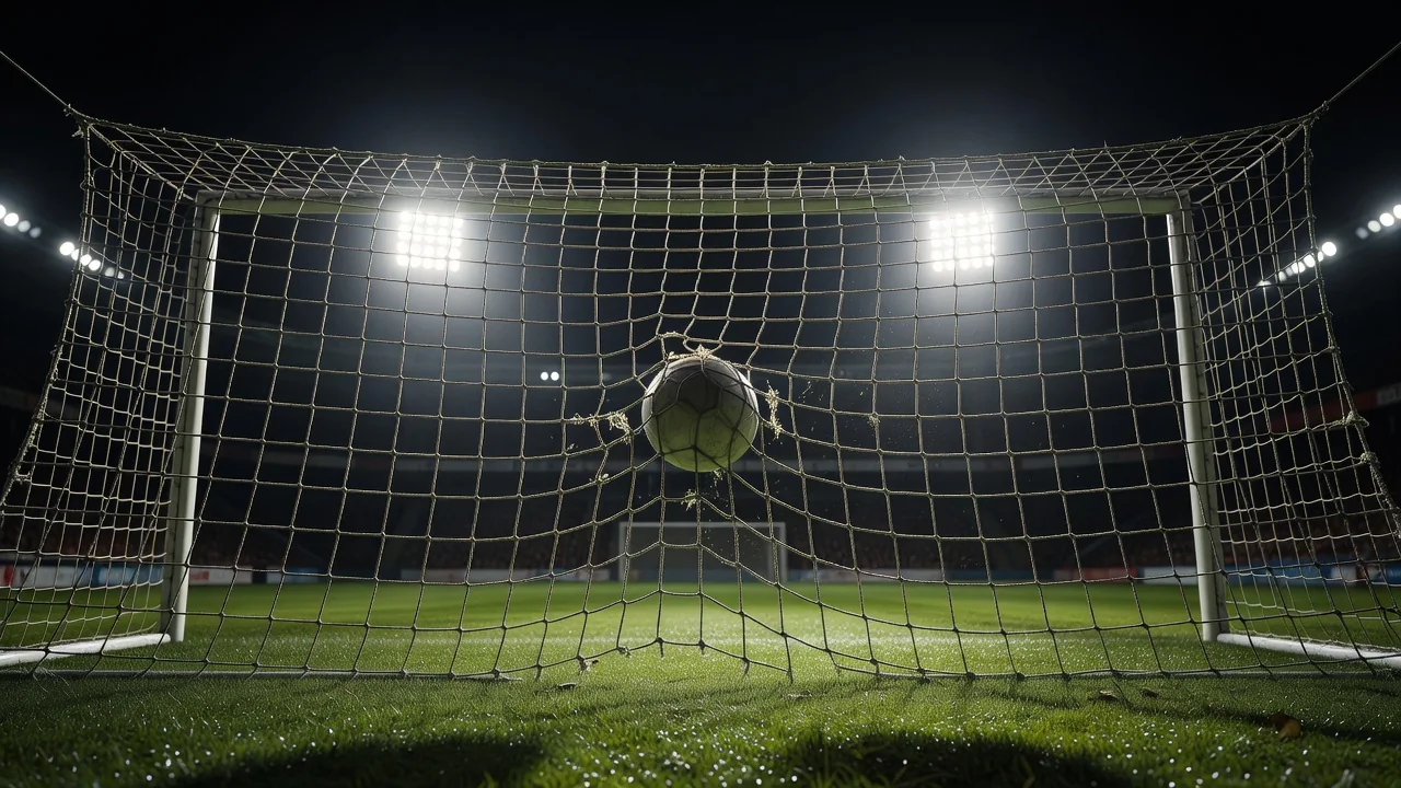 Rede de gol estufada vista por trás em noite de jogo