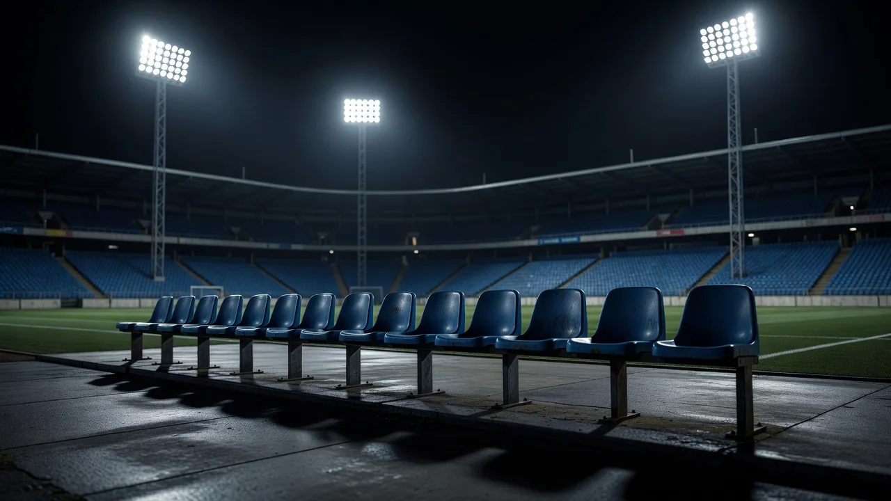 Banco de reservas de estádio à noite com refletores ao fundo