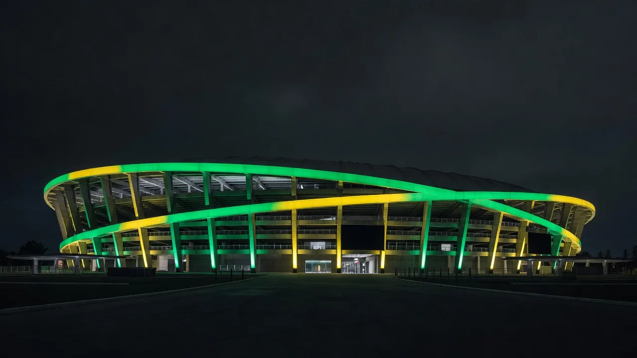 Estádio brasileiro iluminado visto de fora em noite de jogo