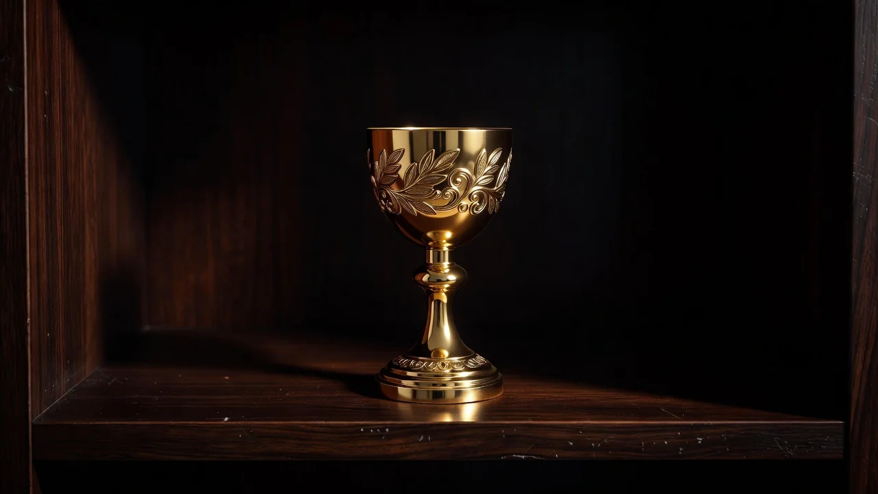 Troféu dourado em prateleira escura com luz lateral