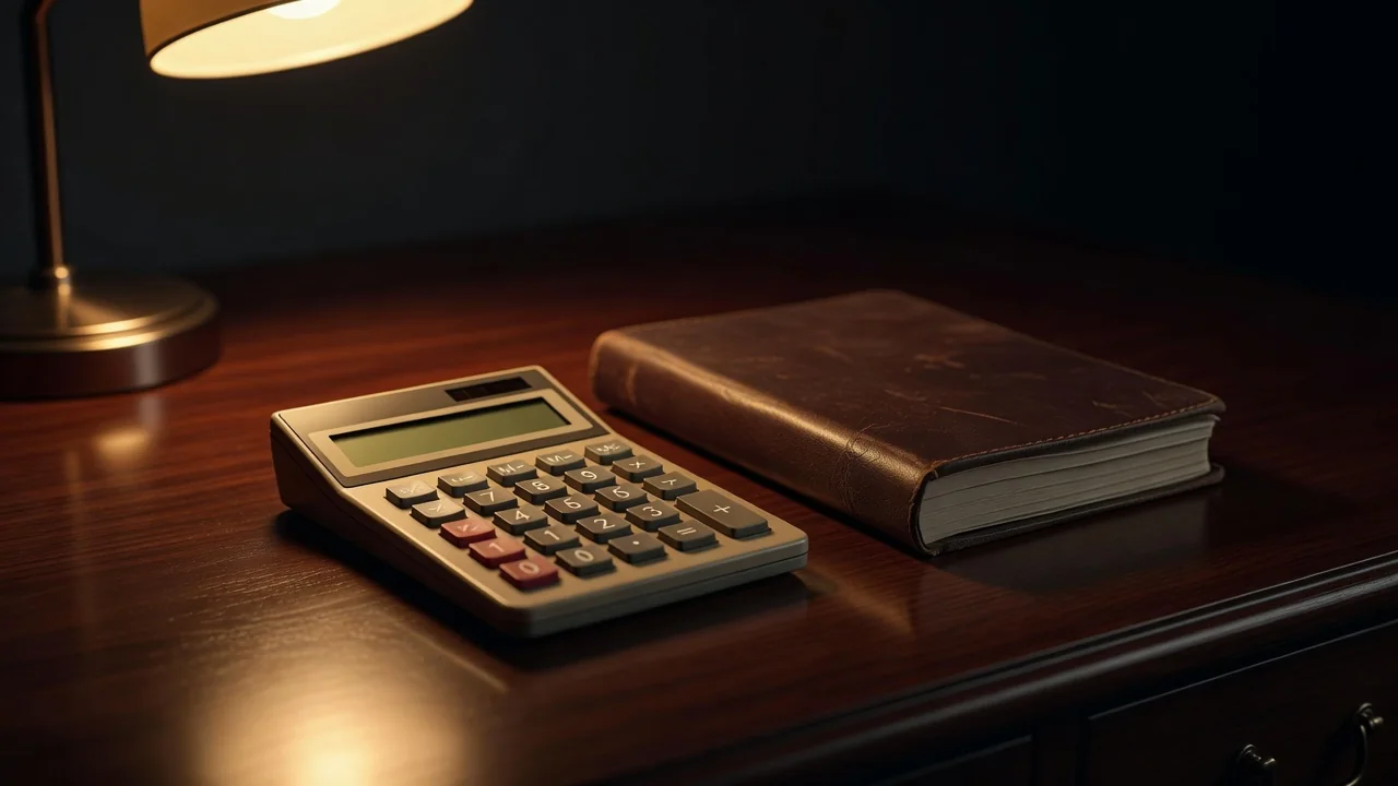 Calculadora e caderno de anotações sobre mesa escura