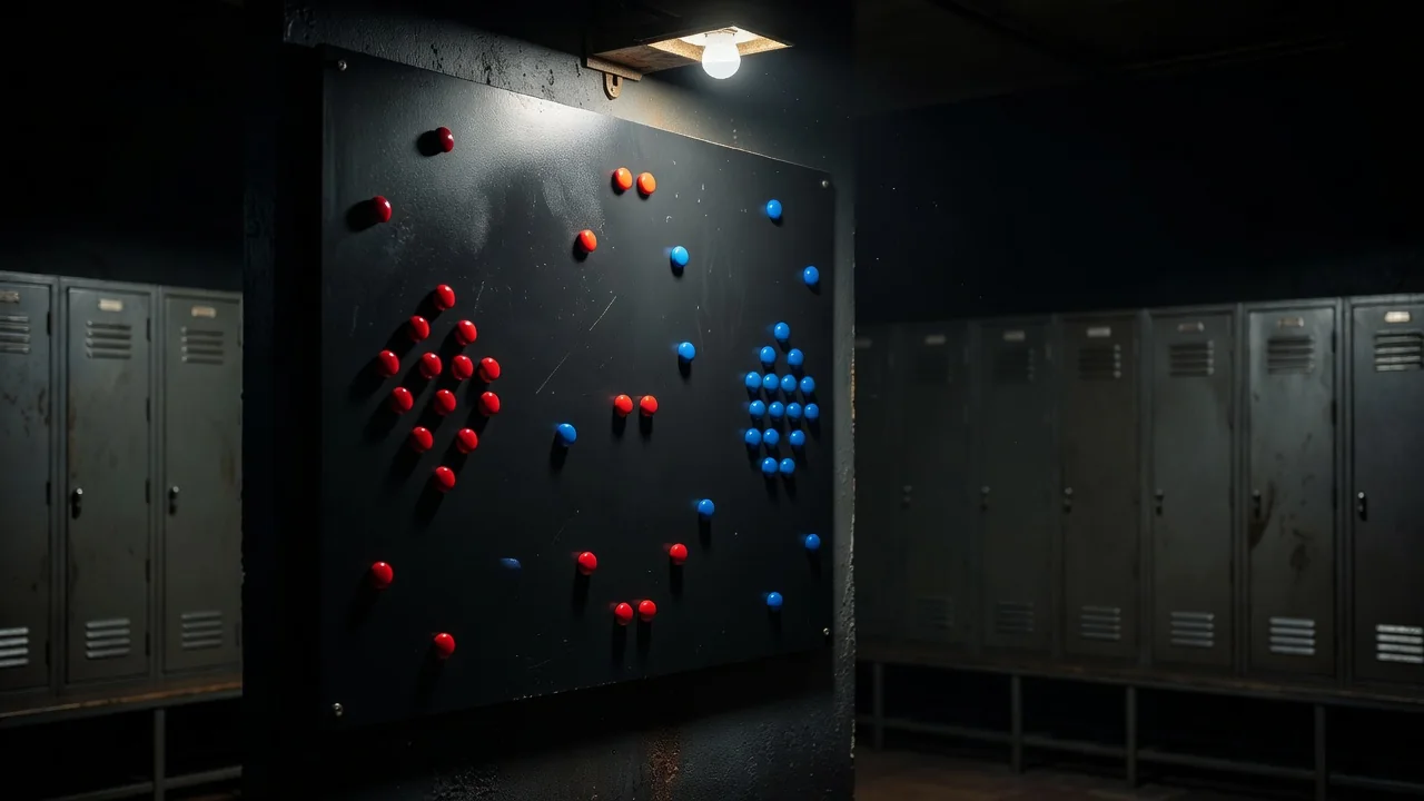 Quadro tático de futebol com ímãs coloridos em vestiário escuro