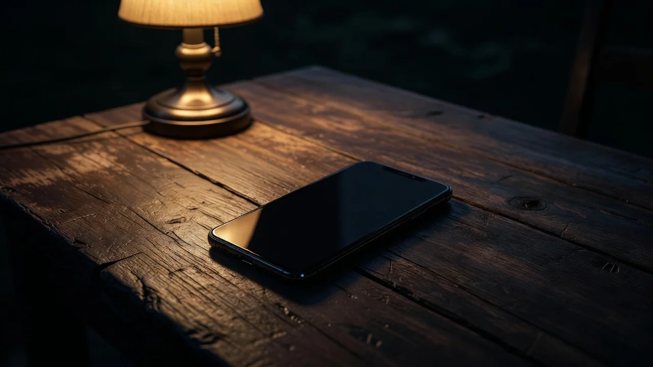 Smartphone sobre mesa de madeira escura em ambiente noturno